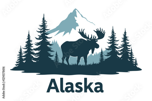 Alaska Denali Mountain with Pine Trees and Wildlife Vector Illustration