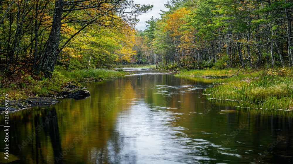 Serene River Flowing Through Pristine Forest Surrounded by Vibrant Green and Autumn Colors Serene River Flowing Through Pristine Forest Surrounded by Vibrant Green and Autumn Colors