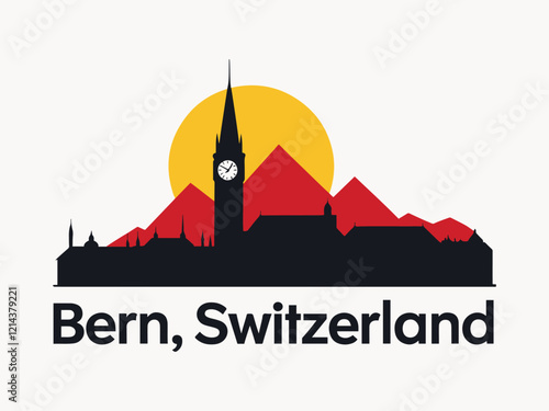 Bern Switzerland Skyline with Zytglogge Clock Tower and Alps Vector Illustration