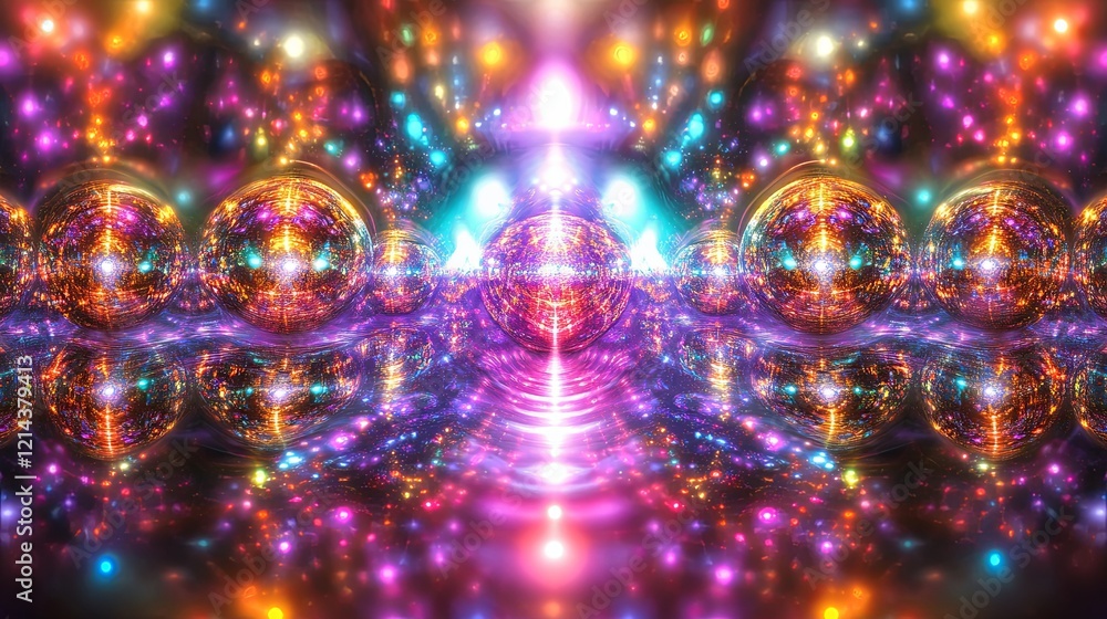 Fototapeta premium Colorful abstract design featuring glowing spheres and vibrant lights in a surreal cosmic setting. Generative AI