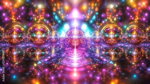 Colorful abstract design featuring glowing spheres and vibrant lights in a surreal cosmic setting. Generative AI