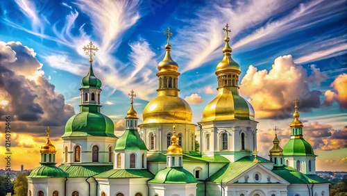 Kyiv Saint Sophia Cathedral Golden Domes Serene Sky Clouds Crosses Stock Photo photo