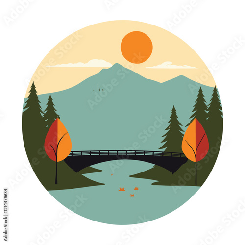 Burlington Skyline with Classic Covered Bridge Vector Illustration