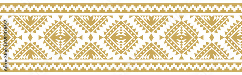 Gold ethnic ornament with geometric tribal border pattern.