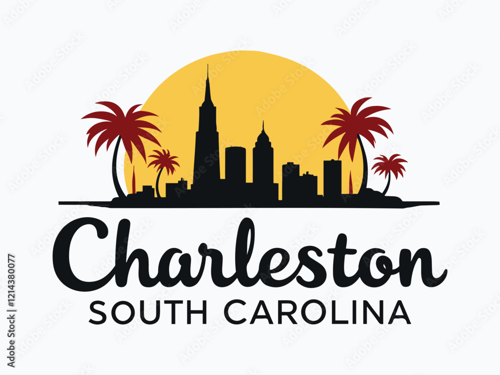 Obraz premium Charleston South Carolina Skyline with Palmetto Trees and Ocean Waves Vector Illustration
