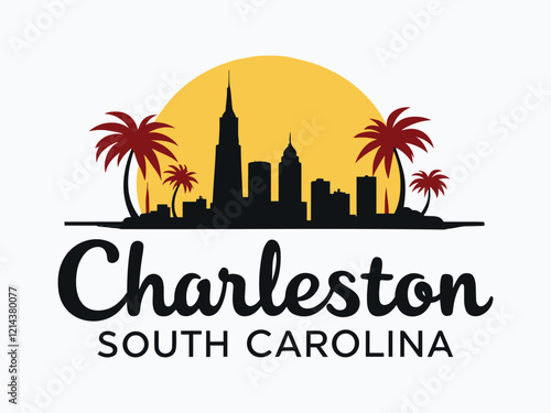 Charleston South Carolina Skyline with Palmetto Trees and Ocean Waves Vector Illustration