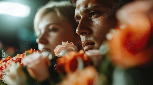 Two individuals deeply engaged, surrounded by vibrant roses, illustrating shared emotions and connection in a lively, colorful atmosphere full of life and expression. photo