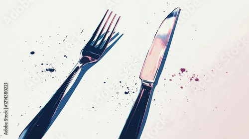 Flatlay of fork and knife on white, paint splatters background; food blog, menu photo