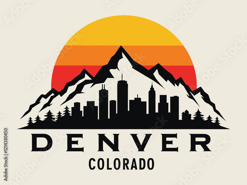 Denver Colorado Skyline with Rocky Mountains and Ski Slopes Vector Illustration