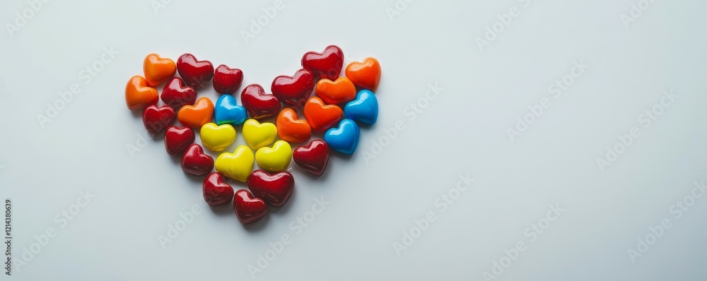 Colorful heart shaped candies arranged on a white surface for a sweet celebration Colorful heart shaped candies arranged on a white surface for a sweet celebration