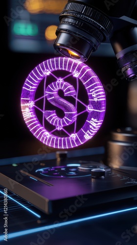 Close-up of a microscope displaying a holographic symbol and vibrant colors. photo