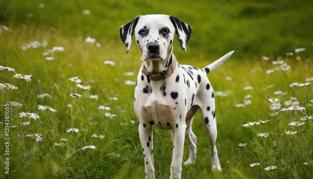 Beautiful spotted Dalmatian enjoying a sunny day in the park, surrounded by wildflowers and lush greenery Beautiful spotted Dalmatian enjoying a sunny day in the park, surrounded by wildflowers and lush greenery