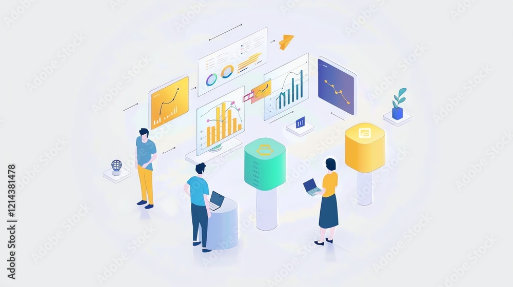 An illustration of three people working with data and connected devices, an isometric representation of modern work. An illustration of three people working with data and connected devices, an isometric representation of modern work.
