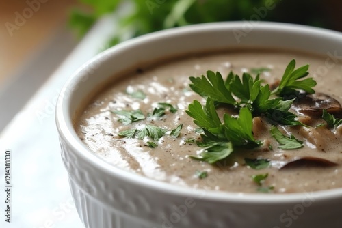 Creamy plant-based mushroom risotto garnished with fresh parsley and vegan parmesan, served in a white ceramic bowl, warm and comforting photo