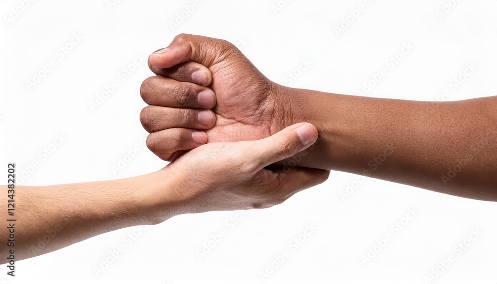 Close-up of diverse hands engaged in a friendly arm-wrestling match. Close-up of diverse hands engaged in a friendly arm-wrestling match.