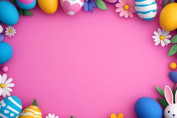 Pink background with a frame of colorful eggs and flowers. The eggs are of different sizes and colors, and the flowers are also of various sizes and colors. Scene is cheerful and playful
