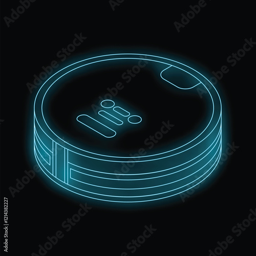 Neon glowing outline of a robotic vacuum cleaner cleaning a dark floor