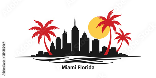Miami Florida Skyline with Palm Trees and Ocean Waves