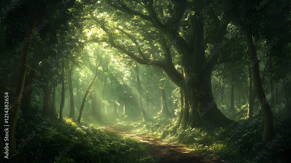 Naklejka premium Sunlit Forest Path Mystical Woodland Trail Lush Green Trees