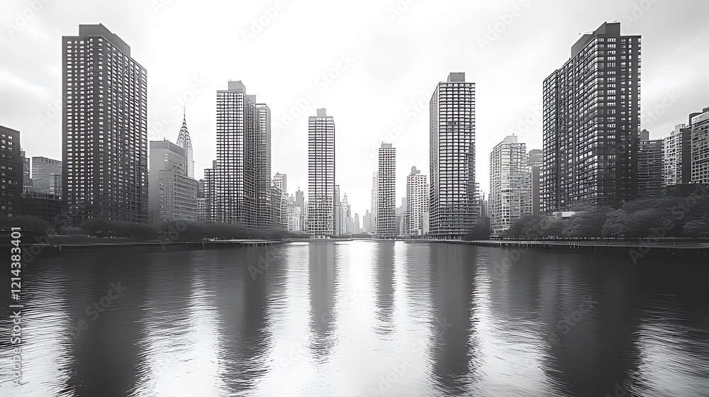 Fototapeta premium Cityscape, river reflection, urban, grayscale, morning mist, calm, skyscrapers, architecture, tranquil, design