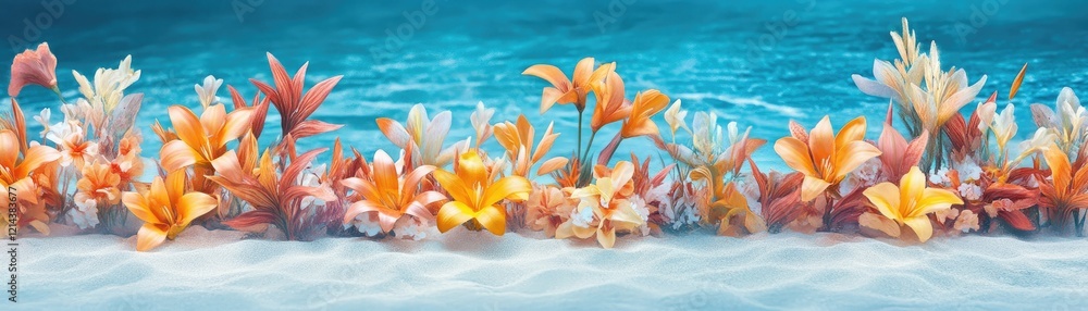 Tropical flowers beach ocean backdrop, website header Tropical flowers beach ocean backdrop, website header