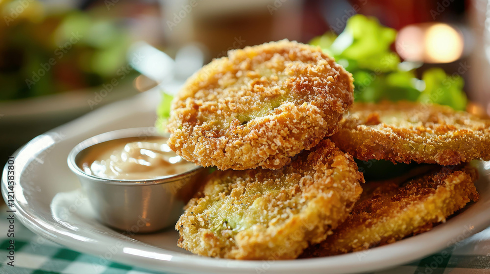 Crispy Fried Green Tomatoes Served on a Plate with Dipping Sauce in a Cozy Southern Diner Crispy Fried Green Tomatoes Served on a Plate with Dipping Sauce in a Cozy Southern Diner