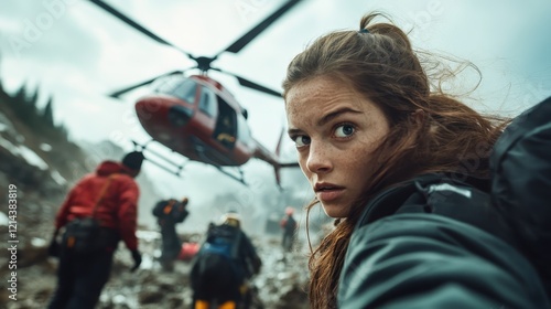 A strong-willed rescuer captures attention with a compelling look as helicopter support looms in the backdrop, underscoring the challenges of mountain rescue operations.