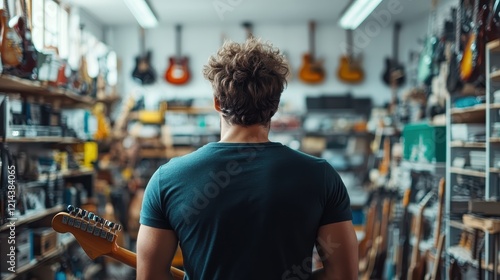 A man stands amidst a collection of guitars in a music shop, contemplating his choices while surrounded by an ambiance filled with musical creativity and inspiration.
