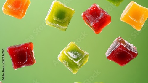 Bunch of colorful candy cubes are floating in the air. The colors are red, green, yellow, and orange photo