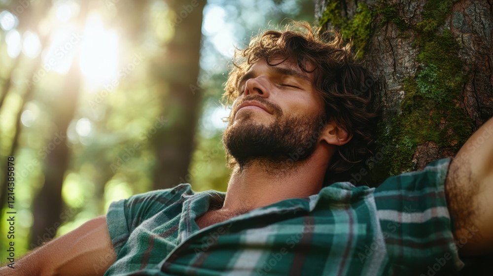 A young man resting against a tree in a sun-drenched forest, embodying tranquility and calmness in nature. His relaxed expression conveys a deep appreciation of solitude. A young man resting against a tree in a sun-drenched forest, embodying tranquility and calmness in nature. His relaxed expression conveys a deep appreciation of solitude.
