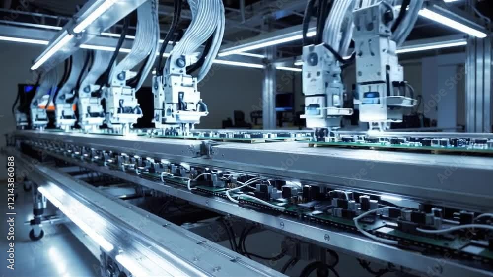 Advanced robotic assembly line in a modern manufacturing facility showcasing automated production Advanced robotic assembly line in a modern manufacturing facility showcasing automated production