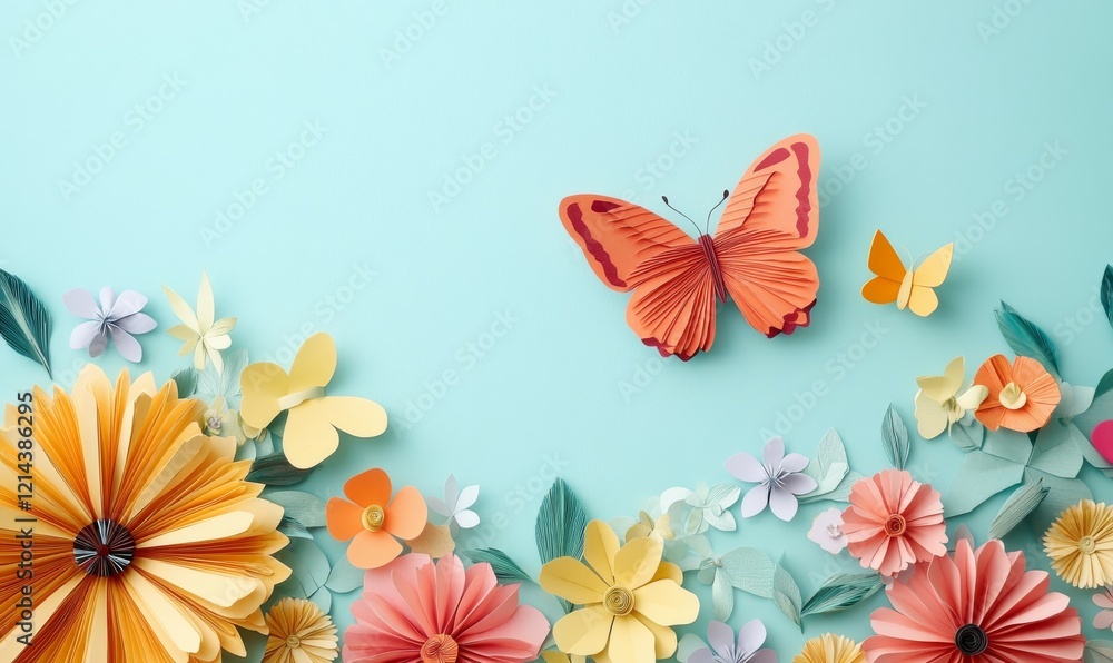 Fototapeta premium Colorful paper craft flowers, butterfly, light blue background