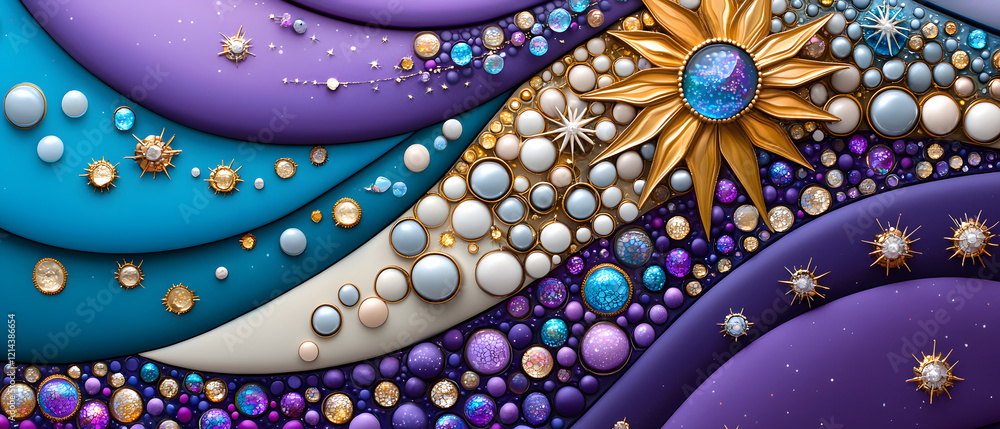 custom made wallpaper toronto digitalArtistic abstract design featuring golden sun and colorful orbs digital artwork vibrant colors modern aesthetic