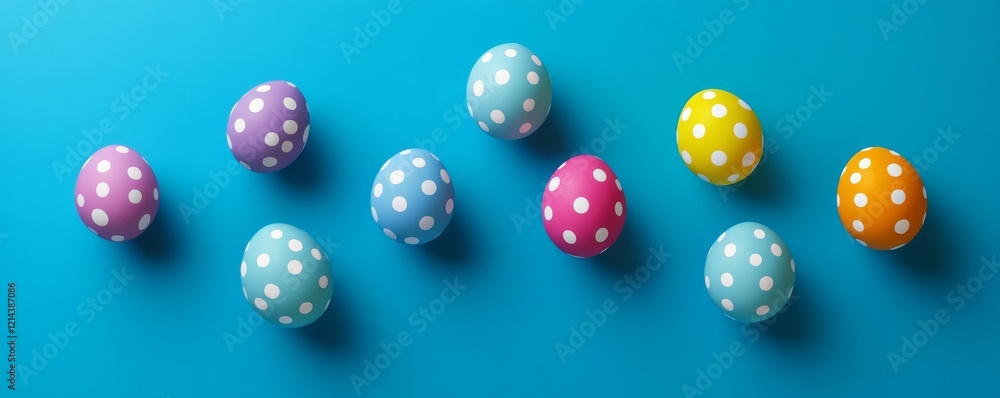Colorful polka dot eggs arranged on a bright blue background for a festive spring celebration Colorful polka dot eggs arranged on a bright blue background for a festive spring celebration