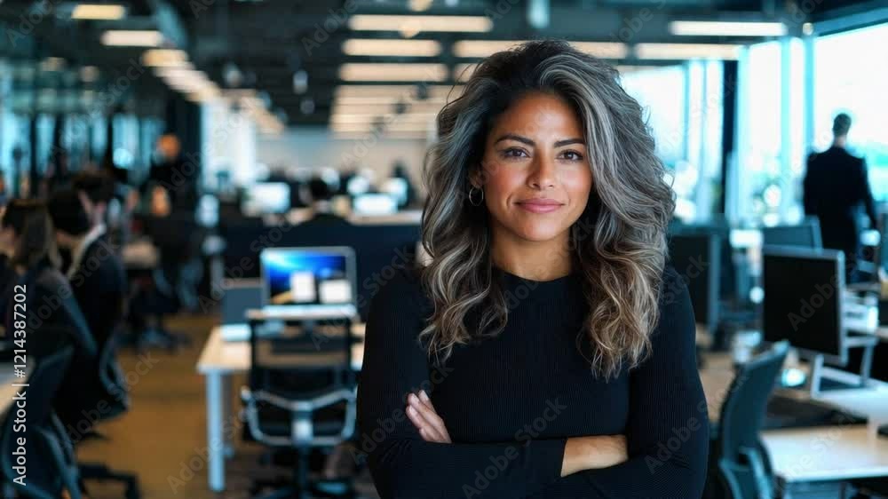 Professional woman stands confidently in modern office environment with colleagues working nearby Professional woman stands confidently in modern office environment with colleagues working nearby