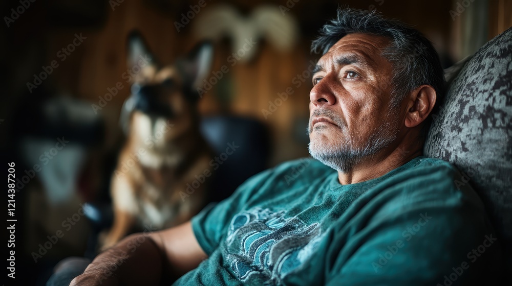 A thoughtful man sitting in a cozy indoor environment, lost in reflection while his loyal dog sits beside him, illustrating companionship and quiet moments. A thoughtful man sitting in a cozy indoor environment, lost in reflection while his loyal dog sits beside him, illustrating companionship and quiet moments.