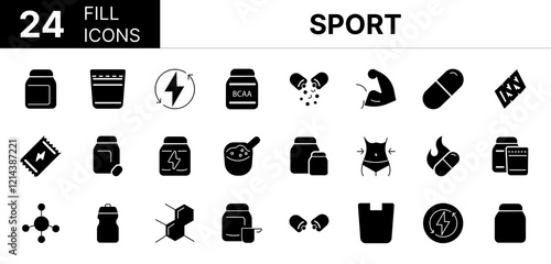 Collection of 24 sport fill icons featuring editable strokes. These outline icons depict various modes of sport, supplement, powder, protein, vitamin, whey, food, bar, energy, nourishment, drink, 