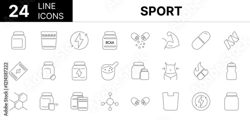 Collection of 24 sport line icons featuring editable strokes. These outline icons depict various modes of sport, supplement, powder, protein, vitamin, whey, food, bar, energy, nourishment, drink, 