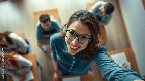 Young woman smiling, glasses, leaning on desk, office environment, coworkers in background, dynamic angle, vibrant colors, shallow depth of field, corporate setting, teamwork, millennial