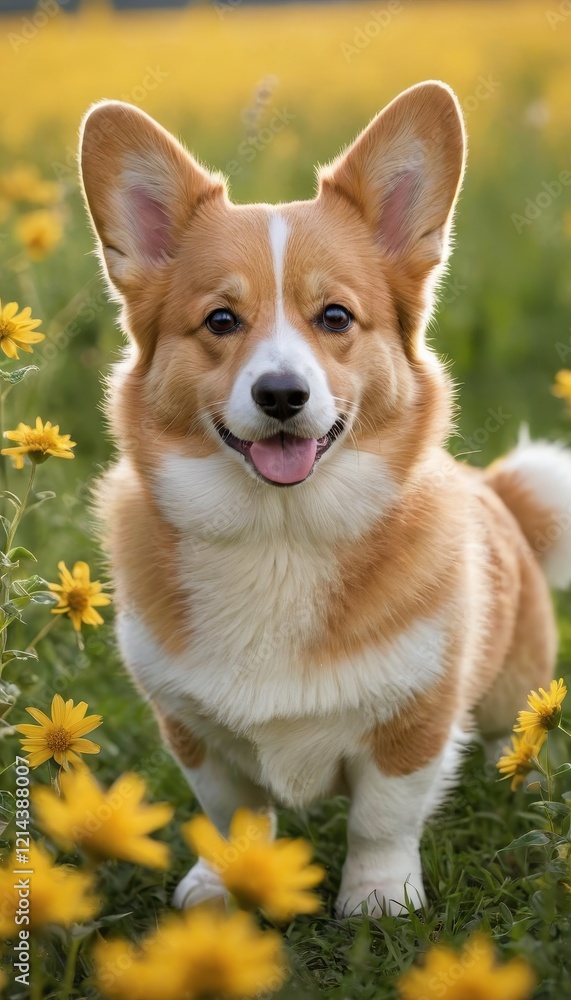 Happy Welsh Corgi standing in a vibrant meadow filled with bright yellow daisies, radiating joy and charm