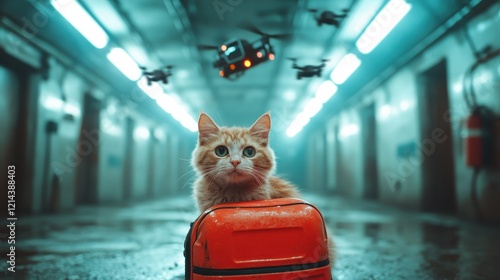 A curious orange cat investigates a drone hovering above it in a dimly lit, futuristic corridor, creating a captivating blend of technology and animal charm. photo