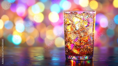 Icy cold soda in a glass with bokeh background.