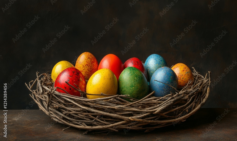 Colorful Easter eggs in a woven nest arranged on a dark background Colorful Easter eggs in a woven nest arranged on a dark background