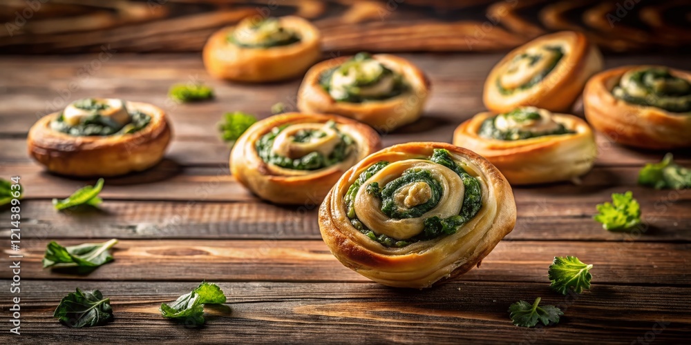 Fototapeta premium Long Exposure Photography of Delicious Spinach Pastries, Spinning on a Rustic Wooden Table