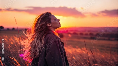 A charming woman with long hair flowing in the wind her features illuminated by neon pink and orange lights infused with a backdrop of expansive fields under a golden sunset. The photo