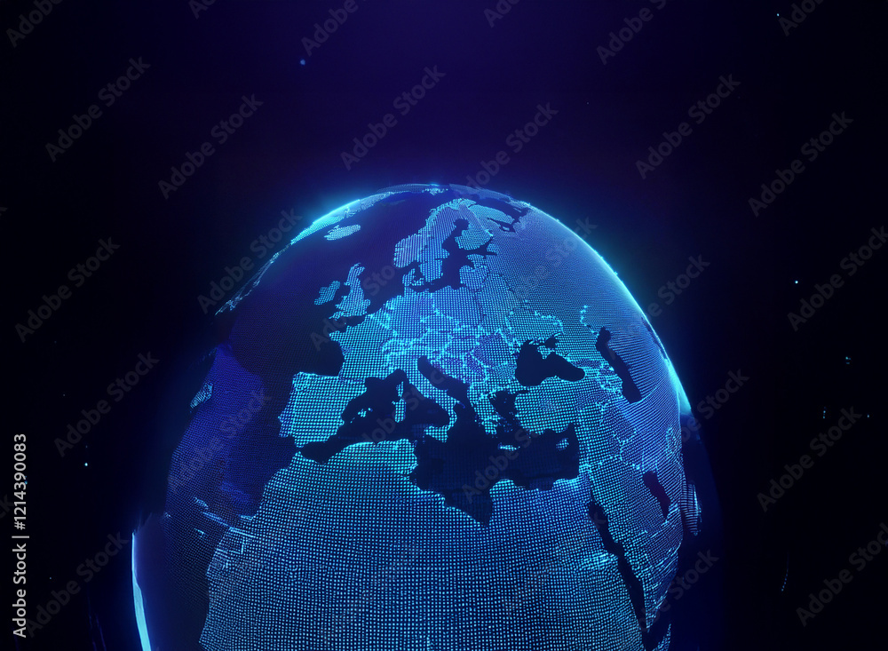 Fototapeta premium A glowing blue digital Earth, highlighting Europe. The continents are depicted with a network of light points, creating a futuristic, interconnected feel. The background is a deep dark blue, resembl