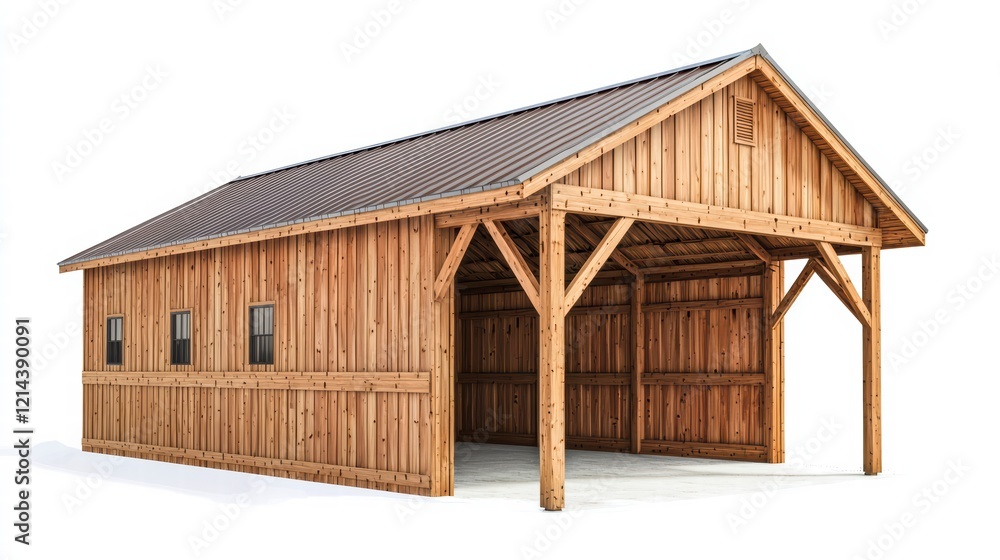 A functional farm storage building with a wooden exterior A functional farm storage building with a wooden exterior