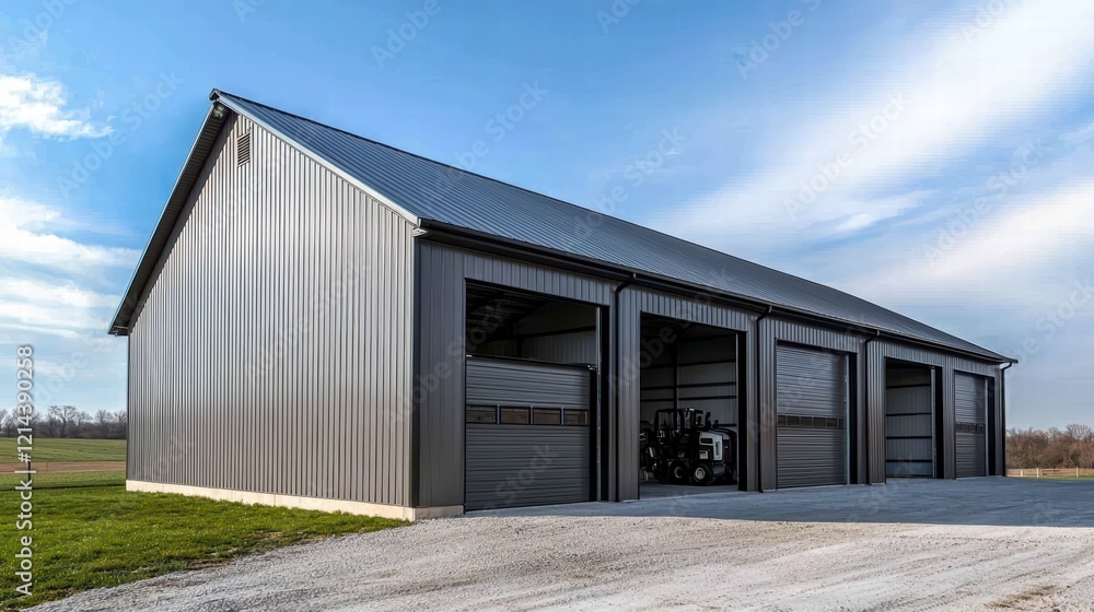 A large, contemporary farm shed with a metal exterior A large, contemporary farm shed with a metal exterior
