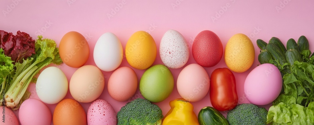 Colorful eggs and vegetables arranged on a pastel pink surface for spring celebration Colorful eggs and vegetables arranged on a pastel pink surface for spring celebration