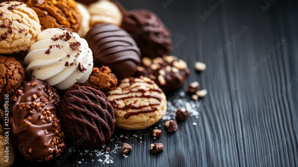 A visually stunning display of cookies piled against a dark backdrop, showcasing the rich textures and delightful flavors that promise a taste sensation. A visually stunning display of cookies piled against a dark backdrop, showcasing the rich textures and delightful flavors that promise a taste sensation.